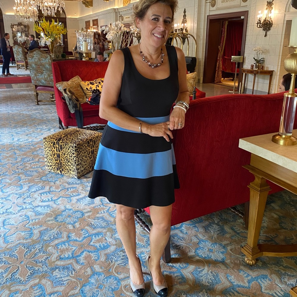 Loft sleeveless A line striped bottom dress